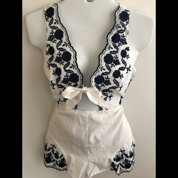 Embroidered Navy & White Romper - Picture 6 of 9